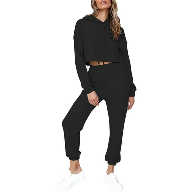 Women's Long Sleeve Sweatsuits Set 2-Piece Hooded Drawstring Crop Top Pullover Solid Color Hoodie Long 